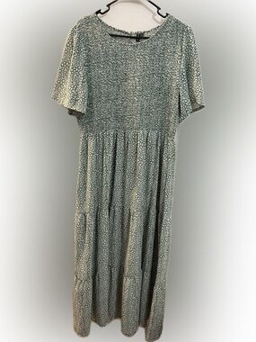 Smocked Bodice Tiered Midi Dress in Sage Green with Ivory Print